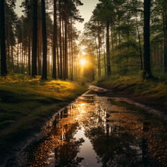 Wall Mural - autumn forest with sun rays