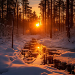 Wall Mural - winter forest with sun rays