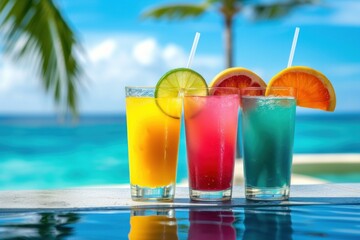 Wall Mural - Three colorful different tropical fresh cocktail in tall glass near swimming pool on background of ocean on sunny day. Summer vacations. Fresh fruit ice cold drinks for hot weather.