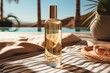 A transparent bottle on a towel with aromatic liquid for massage and spa against the background of the ocean and palm trees.
Concept: cosmetics, relaxation. SPF filter. Tanning and sun protection oil.