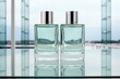 Two transparent rectangular bottles with water-colored perfume close-up.
Concept: cosmetics, fragrance. Oceanic, fresh and ozone.