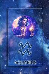 Wall Mural - zodiac picture of Aquarius, astrological symbol and name over blue space background with stars like astrology concept of all zodiacal signs