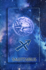 Wall Mural - zodiac picture of Sagittarius, astrological symbol and name over blue space background with stars like astrology concept of all zodiacal signs