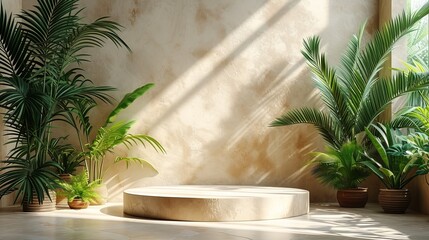 Fototapete - A neutral beige background with shadow and palm leaves. A square podium for presenting a cosmetic product. An empty square podium.