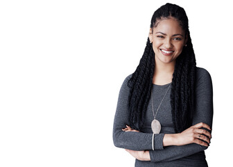 Aufkleber - Creative, woman and happy portrait with arms crossed in isolated, transparent or png background. Art director, employee and designer smile with confidence, pride and working in gallery or museum