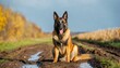 pregnant belgian shepherd sits on the road in the mud amid the autumn fields malinois with a big belly fat dog