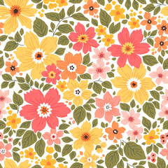 Wall Mural - Beautiful floral pattern in small abstract flowers. Small red, coral and yellow flowers. White background. Ditsy print. Floral seamless background. Liberty template for fashion prints. Stock pattern.