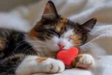 Sleeping Calico With A Heartshaped Treat On Paw
