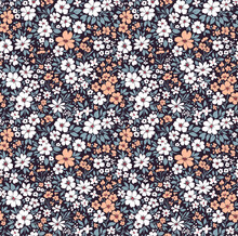 Vector Seamless Pattern. Vintage Pattern In Small Flowers. Small White And Peach Color Flowers. Dark Violet Background. Ditsy Floral Background. Hand Drawn Flowers. Abstract  Modern Trendy Pattern.