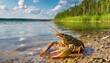 dead crayfish astacus lies on the shore of the lake