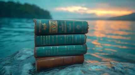 Poster - Seascape background with book stacks. World Book Day concept.