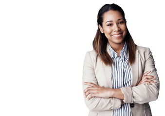 Leinwandbilder - Professional, agent and portrait of woman with arms crossed in isolated, transparent or png background. Real estate, consultant and entrepreneur with confidence, pride and realtor with happiness