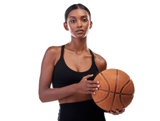 Poster - Woman, basketball for sports in portrait and exercise with workout and body on png transparent background. Fitness, training for game or competition for health, wellness and confident Indian athlete