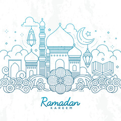 Wall Mural - Illustration of vector modern simple line flat design website banner, header with a Muslim people and Islamic symbols in Ramadan kareem