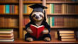 Cute student sloth in academic cap and mantle with a book in his hands. Education is a concept.