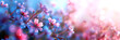 Summer time flowers banner. Blue and pink floral banner with sparkling light effects. Summer flowers with blue bokeh lights for vibrant banners and floral design.