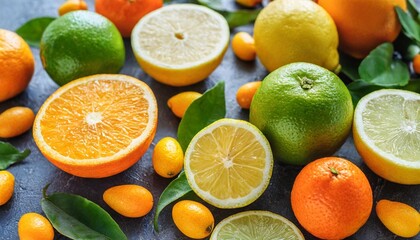 Sticker - colorful bright background of fresh ripe sweet citrus fruits orange and tangerine green lime and yellow lemon grapefruit and kumquat