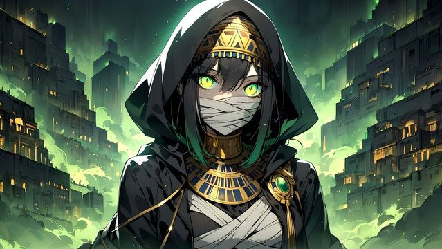 Cute anime girl mummy, against the backdrop of a city in the fog, anime background, wallpaper, Egypt