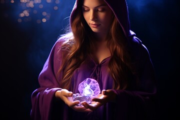 An enigmatic woman, draped in a purple robe, conjures a swirling galaxy of light within a crystal orb, surrounded by an aura of mystical energy.
