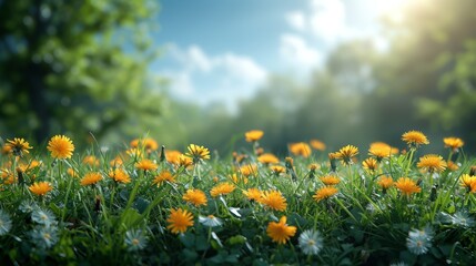 Poster - Summer spring perfect natural landscape featuring fresh grasses and yellow dandelion flowers in a meadow.