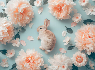 Wall Mural - Cute little fluffy rabbit  in flowers. Easter bunny with spring flowers. Background for design greeting card, banner, poster