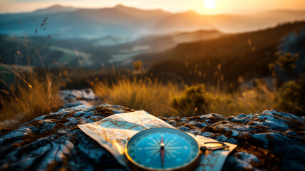 Compass on map outdoors at sunrise, representing exploration, travel, adventure, guidance and discovery.