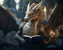 Realistic Fairy Tale Dragon With Magic Book In Castel