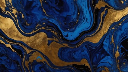 Cobalt blue abstract black marble background art paint pattern ink texture watercolor dark gold fluid wall.