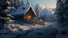 Winter Landscape With A Wooden Cottage In The Mountains. 3d Render