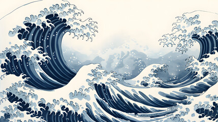 Wall Mural - great wave, in the style of cartoon compositions, ink-wash landscape, blue and beige, mural painting, naturalistic ocean waves, light gray and navy, shaped canvas