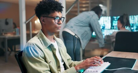 Poster - Computer screen, engineer and coding on keyboard in office and productivity on futuristic technology. Man, writing or working on gaming programming on neon mousepad and glasses with reflection of pc