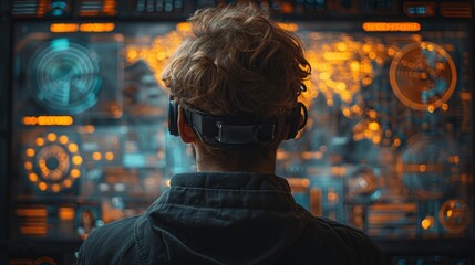 Poster - A business analytics dashboard with charts powered by AI and big data analytics. A data scientist working with complex information analysed by AI.