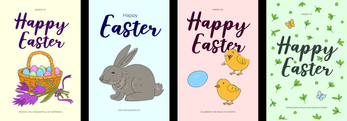 Wall Mural - Happy Easter Day holiday poster set. Colorful eggs in basket and cute rabbit, chickens and flowers. Traditional spring religious celebration greeting card. Vector eps drawing festive bunny
