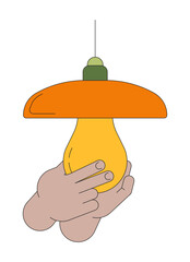 Poster - Installing light bulb in lamp linear cartoon character hands illustration. Energy efficient light fixture outline 2D vector image, white background. Replacement lightbulb editable flat color clipart