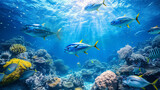 Fototapeta Do akwarium - Underwater wild world with tuna fishes.