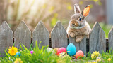 Fototapeta  - Bunny in Garden With Decorated Eggs, Easter background