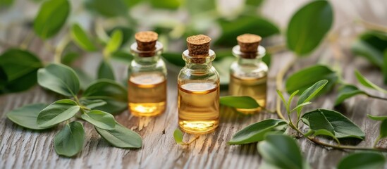 Poster - Aromatherapy concept with a bottle of natural essential oil surrounded by fresh green leaves