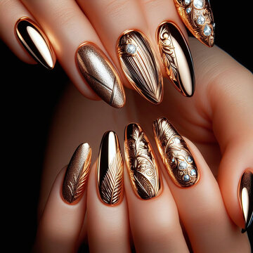 Female hands with gold nail design. Woman hands with gold manicure.