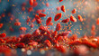 A dynamic close-up shot capturing vibrant goji berries and seeds mid-air, with a blurred background emphasizing movement and vitality.
