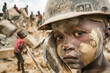 A large portrait of a black boy with a tired expression in the mud, against the background of a construction site. The concept of the topic of the use of child labor in the world