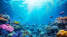 Underwater Backdrop Of A Coral Reef With Vibrant Fish And Other Marine Life In A Deep Blue Ocean