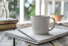 Steaming Coffee Cup With A Notepad And Pen On A Wood Table By A Sunny Window.
