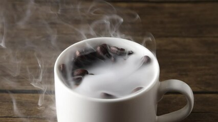 Wall Mural - Smoke vape fog flowing out of white ceramic coffee cup on dark black background coffee beans