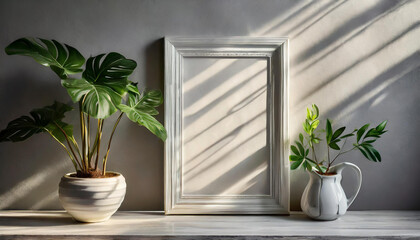 enhancing the mockup overlay in a horizontal, two vertical sheets of textured white paper against a soft gray table background. the natural light creates subtle shadows from an with leaves on table