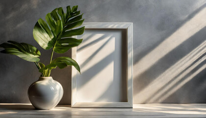 enhancing the mockup overlay in a horizontal, two vertical sheets of textured white paper against a soft gray table background. the natural light creates subtle shadows from an with leaves on table