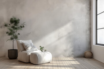 Wall Mural - A cozy minimalist lounge chair with a white cushion and a potted plant in a bright room.
