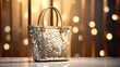 A glamorous sequin tote bag for women, exquisite craftsmanship, and a sparkling surface, mockup, set on a matte clay surface