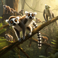 Wall Mural - lemurs on tree art