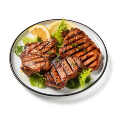 Wall Mural - a Grilled pork with salad and lemon on plate, studio light , isolated on white background