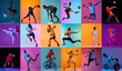 Leinwandbild Motiv Collage made of young people, men and women, athletes of different sports in motion against multicolored background in neon light. Concept of professional sport, competition, tournament, dynamics
